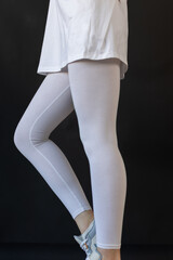 Model wearing white leggings highlighting shape, Mockup presenting waist and overall contour clearly