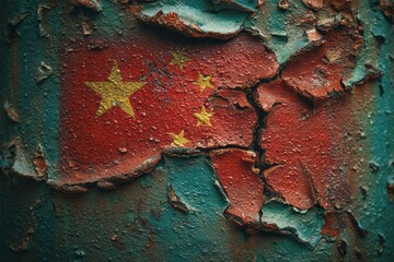 Decaying paint displaying national symbols on a weathered, textured surface.
