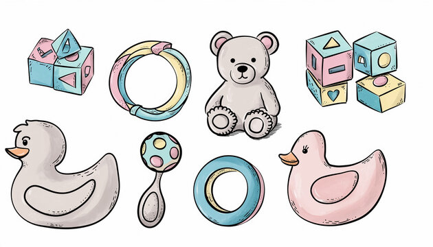 Patr&oacute;n de juguetes de beb&eacute; dibujados a mano, coloridos, aislados sobre un fondo blanco. Los juguetes incluyen osos de peluche, bloques de construcci&oacute;n, sonajeros, patitos de goma y otros elementos.