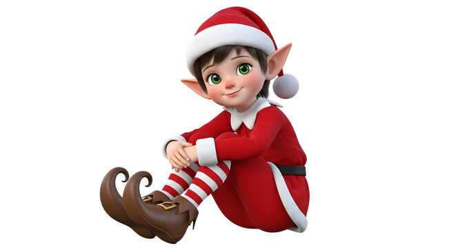 Cute christmas elf wearing a red suit and hat, sitting down and looking at the camera with a friendly expression, isolated on transparent background