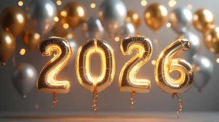 Golden balloons shaped as the year 2026, celebrating a future event with festive decorations.