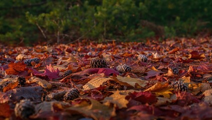 Autumn foliage featuring chestnut leaves and pine cones, highlighting seasonal change