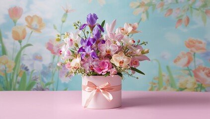 Fresh iris flowers alongside orchids in a spring setting, ideal for floral arrangements or seasonal displays