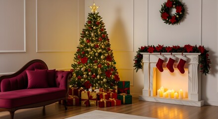 Luxurious Christmas living room with decorated tree and velvet sofa