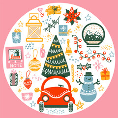 Round Christmas cozy design set in trendy palette vector