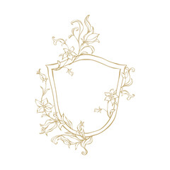 Wedding crest. Vintage monogram frame. Classic wedding frame with botanical leaf ornament. Baroque crest. Victorian hand drawn monogram for wedding invitation, card, save the date. Floral armorial.