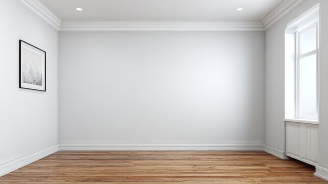 Empty interior room displays bright white walls and warm wooden flooring with natural light entering from a window