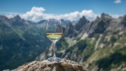Glass of white wine with a rocky mountain backdrop, relaxation in nature