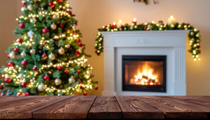 Warm cozy Christmas living room background, decorated tree, glowing lights, fireplace bokeh