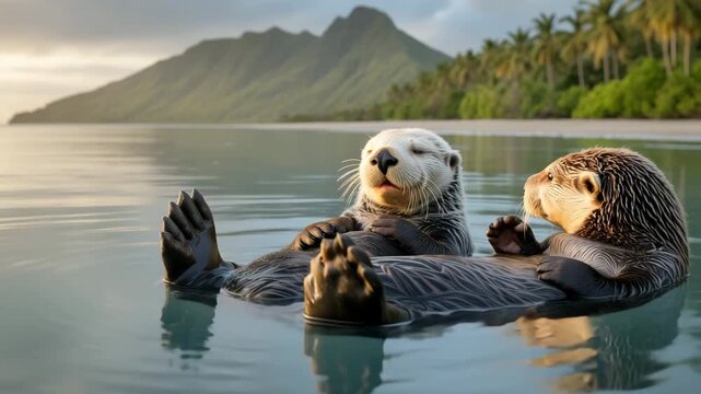 Two adorable sea otters floating peacefully on their backs in calm ocean water with tropical mountains and palm trees at golden hour