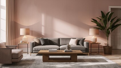 Living room featuring a grey velvet couch and pink background wall