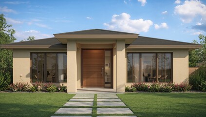 Contemporary house exterior featuring main entrance and garden outlook - 3D visualization