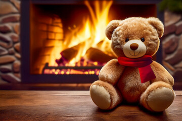 暖炉の前に置かれたテディベア