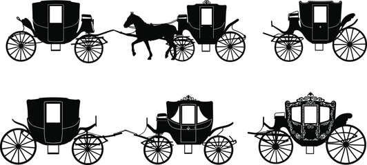 Vintage horse carriage silhouette vector, historical transport illustration, ornate wheel design, black flat artwork, cad drawing flat vector illustration