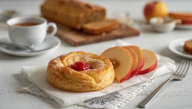 Delicious puff pastry filled with jam and apples on a white textured surface, fiber-dense choice