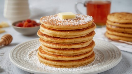 Pile of classic pancakes with honey, perfect for breakfast and celebrations
