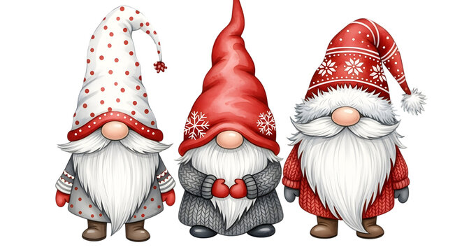 Three cute watercolor christmas gnomes with red hats and white beards, isolated on transparent background