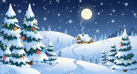 Magical winter wonderland scene with snow covered christmas trees and cozy cabin under a full moon