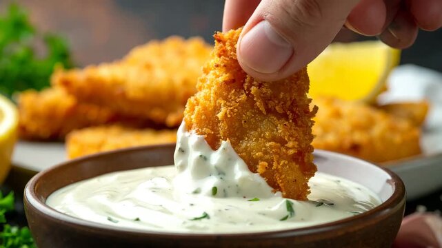 Close-up of a hand dipping a golden fried fish fillet into a bowl of creamy tartar sauce.