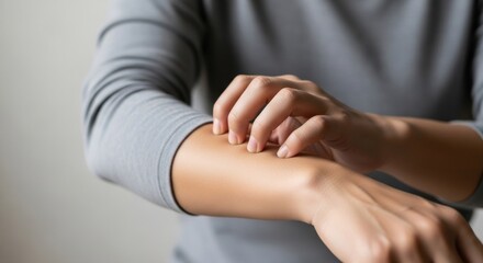 Caucasian woman scratching her itchy arm. Banner template of skin irritation common symptom of diabetes or allergic reaction. Healthcare and dermatology concept.