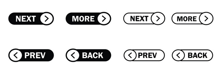 Next and Previous buttons vector icon set. Modern navigation UI elements for web and app design.