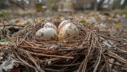 Obraz premium Bird eggs nestled in a natural ground nest, emphasizing the fragility of wildlife