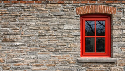 Brick and stone wall featuring a window filled with red, urban density