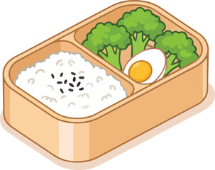 Cartoon Bento Box with Rice Broccoli and Hard Boiled Egg
