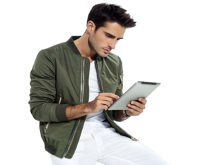Young man in a bomber jacket holding a tablet computer, isolated on transparent background