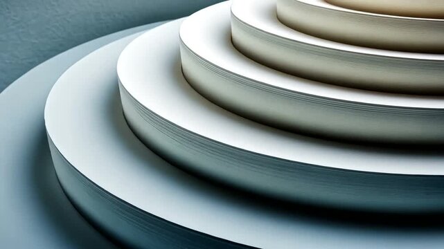 Abstract view of white paper stacks creating a stepped, rounded layered composition