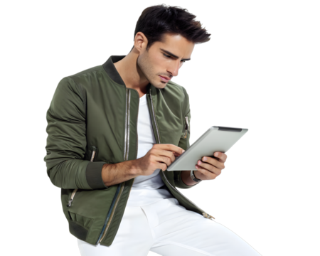 Young man in a bomber jacket holding a tablet computer, isolated on transparent background