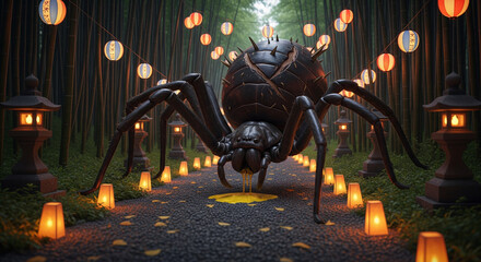 Giant Evil Spider Monster Stalks Lantern-Lit Japanese Bamboo Forest
A terrifying, high-contrast fantasy illustration of a massive, black, armored spider monster, possibly a Jorōgumo or giant arachnid