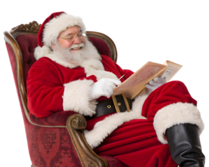 Santa claus sitting in a chair reading a book, isolated on transparent background