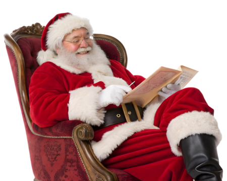 Santa claus sitting in a chair reading a book, isolated on transparent background