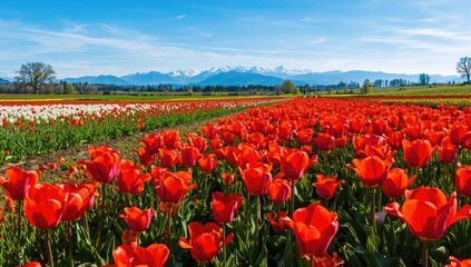 Fototapeta premium Vibrant Red Tulips Blooming in a Scenic Field, Springtime Beauty and Natural Landscape
