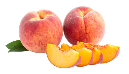 Pair of Whole and Halved Peaches Displaying Juicy Freshness – isolated on transparent background