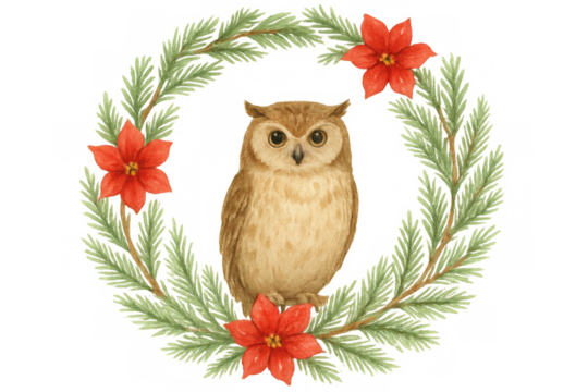 Watercolor owl sitting in festive christmas pine wreath with red poinsettia flowers, transparent