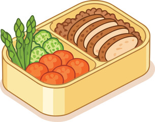 Isometric Bento Box Illustration with Chicken Rice and Vegetables