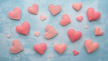 Obraz premium Blue background decorated with felt hearts. Romantic and love concept with space for text. Valentineâ€™s Day flat lay design.