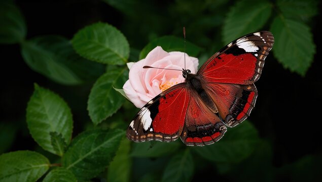 Grose-Smith's Parides Species on a Blooming Rose Surrounded by Natural Greenery