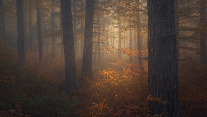 Fototapeta premium Foggy dawn in the forest