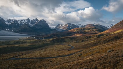 Fototapeta premium Autumn valley in Iceland featuring hilly terrain and mountainous relief, erosion risk