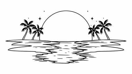 Minimilist palm trees silhouette on a beach at sunset with star accents and water reflections outline drawing vector