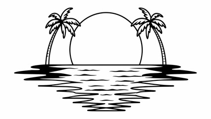 Minimilist a black and white tropical scene with palm trees and a sun setting over the ocean landscape view image vector