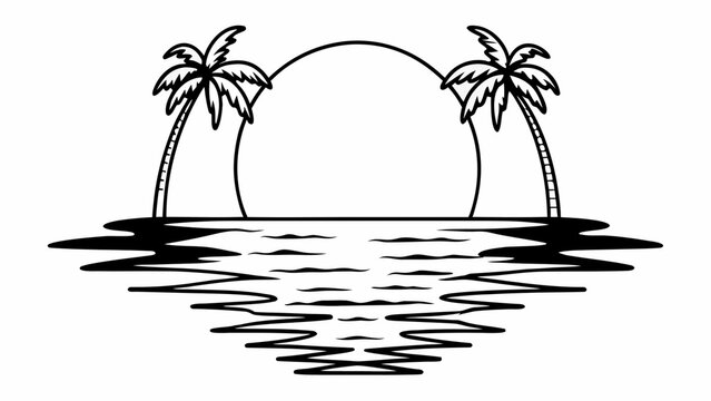 Minimilist a black and white tropical scene with palm trees and a sun setting over the ocean landscape view image vector