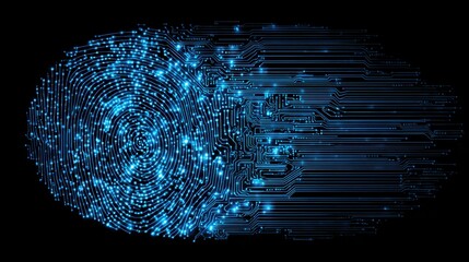 Digital fingerprint design with blue light and circuit pattern representing technology and security concepts