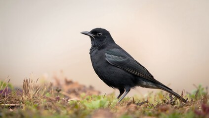 Fototapeta premium Blackbird standing in full profile against a softly blurred neutral backdrop, showcasing its elegance and focus