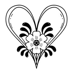 Minimilist outlined heart shape with a centered flower and decorative leaves in black and white illustration vector