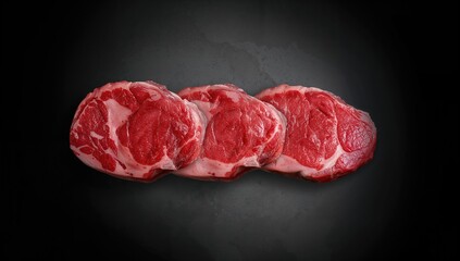 Raw beef fillet cuts displayed on a black surface, overhead shot in a wide banner layout.
