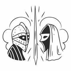 Minimilist a stylized drawing of a knight and a masked figure flanking a sword with radiating light lines above vector
